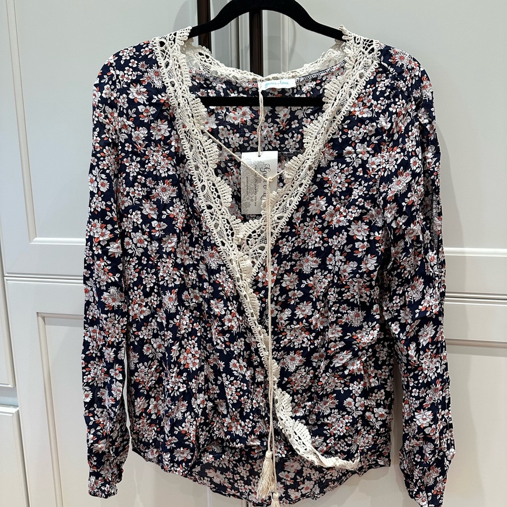 Grace & Lace Navy, Orange and off White Ruffled Tie Front Blouse NWT